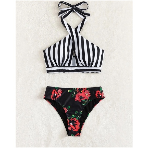 Boho Floral Stripes Halter Bikini Beach Set - Picture 2 of 4